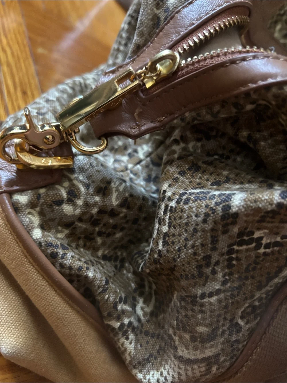 Tory Burch Brown Snake-Print bag with Gold Logo